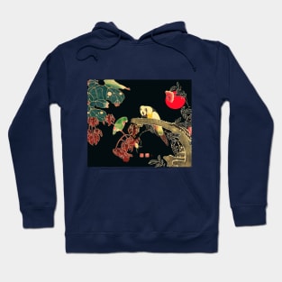 PARROTS ON A BRANCH OF A FLOWERING ROSE BUSH Antique Japanese Floral Hoodie